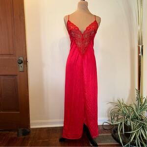 STUNNING Vintage Red Sheer Lace Long Gown Medium 1980s